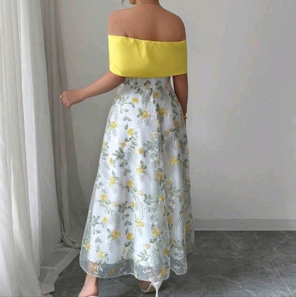 Elegant Off Shoulder Gathered Waist Ruffled Floral Embroidered Mesh Dress - Picture 4 of 4